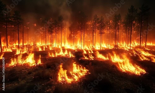 A dramatic scene of a forest engulfed in flames, illustrating the impact of wildfires.