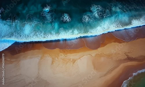 Aerial view of ocean waves crashing on a sandy beach, showcasing nature's beauty.