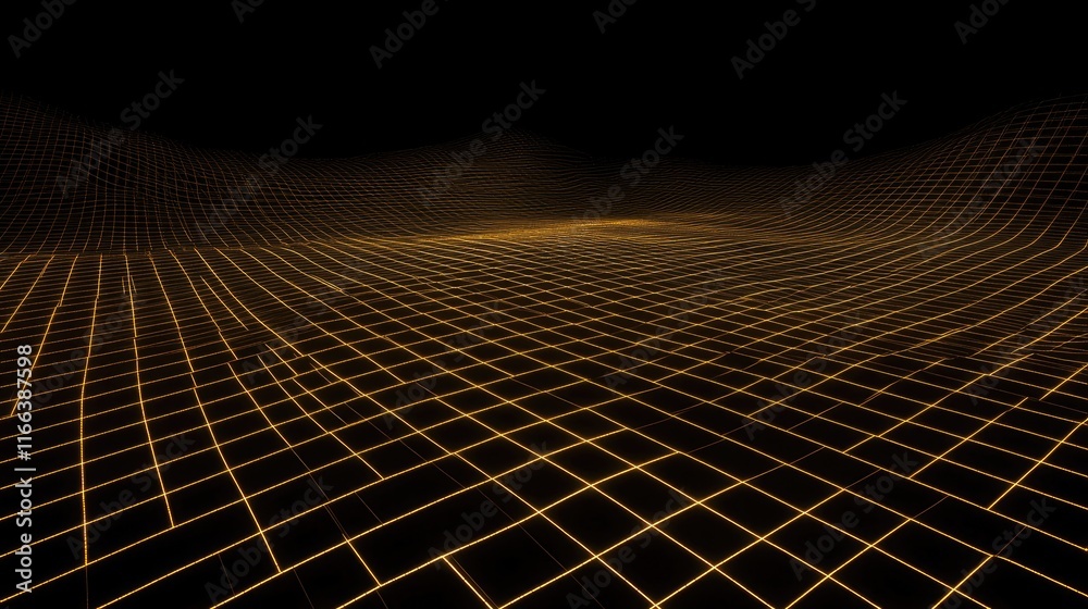 Naklejka premium A digital landscape featuring a grid pattern in golden hues against a black background.