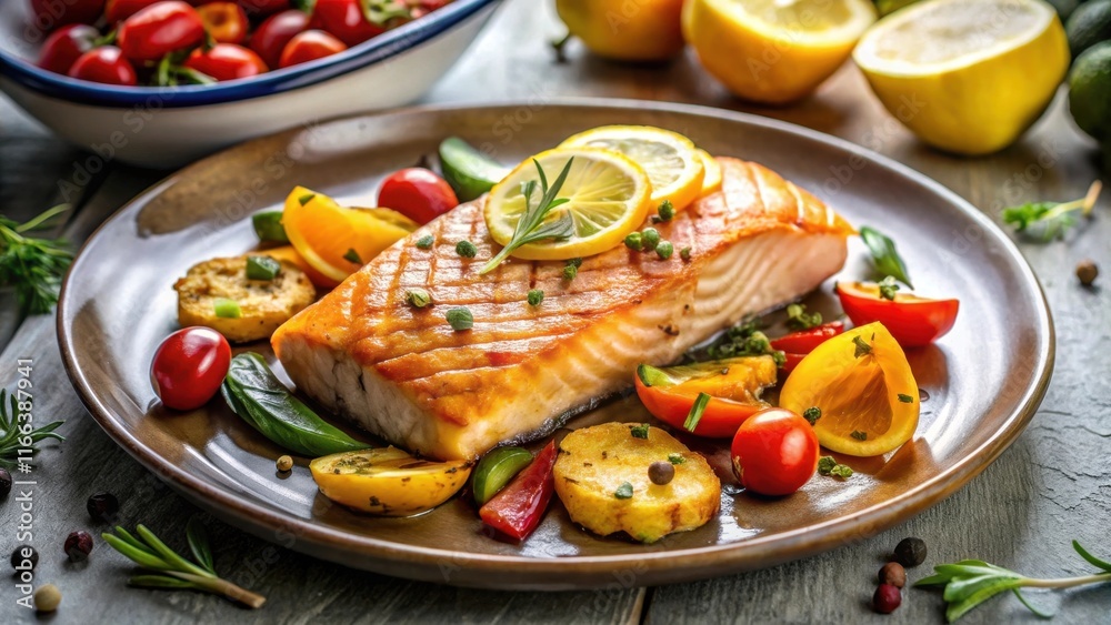 Delicious Grilled Salmon with Roasted Vegetables and Lemon Delicious Grilled Salmon with Roasted Vegetables and Lemon
