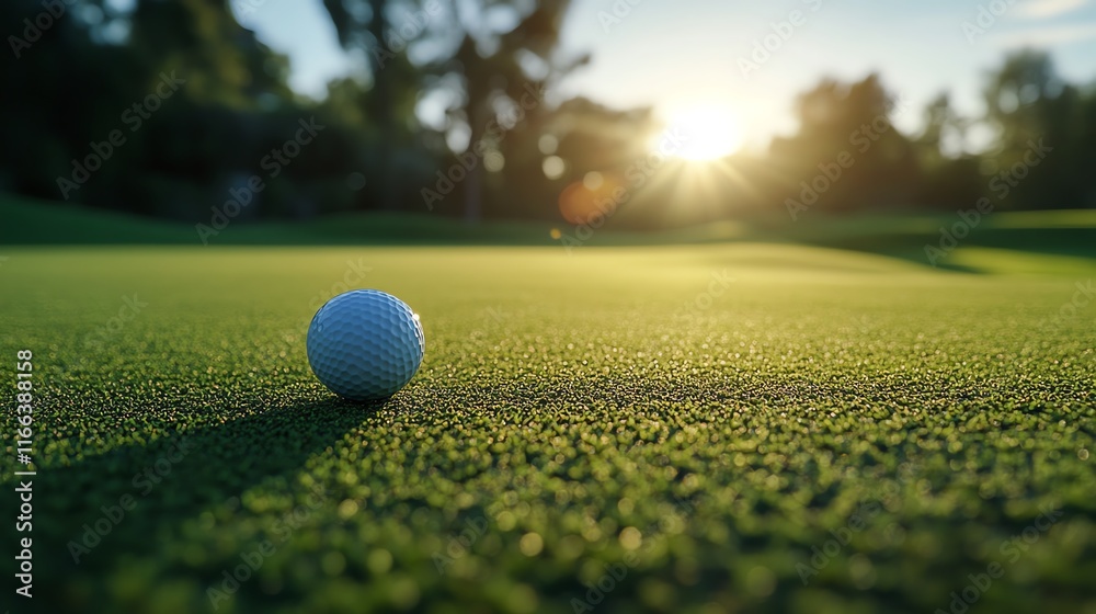 A close-up view of a golf ball resting on vibrant green grass, illuminated by the warm glow of a sunrise in the background. A close-up view of a golf ball resting on vibrant green grass, illuminated by the warm glow of a sunrise in the background.