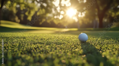 A close-up view of a golf ball on lush green grass, illuminated by the warm light of the setting sun in a tranquil outdoor setting.