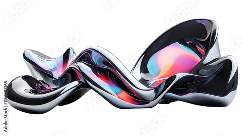 Abstract iridescent metallic liquid form with swirling, flowing shapes and vibrant color gradients on a png transparency.