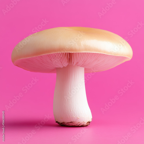 mushroom with flat beige cap and white stem on pink background photo