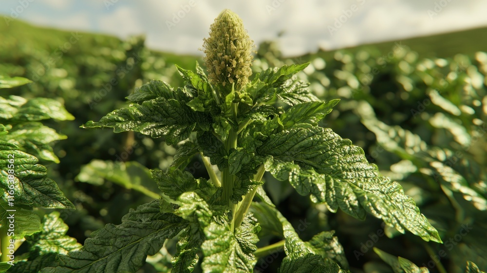 Close-up of a flowering plant in a lush green field. Close-up of a flowering plant in a lush green field.