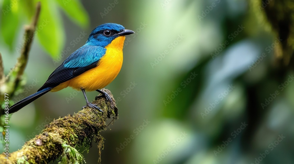 A vibrant bird perched on a mossy branch amidst lush greenery. A vibrant bird perched on a mossy branch amidst lush greenery.