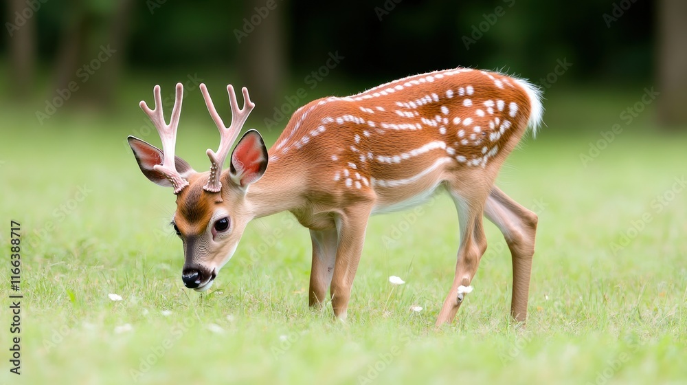 A young deer grazing in a lush green field. A young deer grazing in a lush green field.