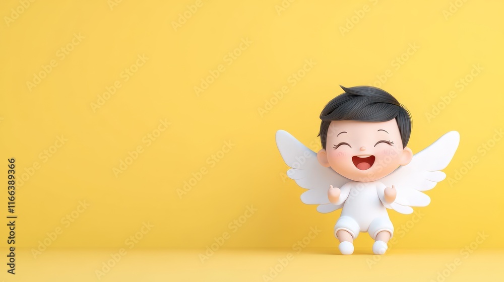 A cheerful baby angel with wings against a bright yellow background. A cheerful baby angel with wings against a bright yellow background.