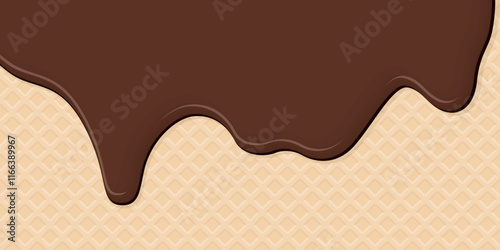 Melted chocolate ice cream drop on ice cream cone texture background graphic illustration have blank space.