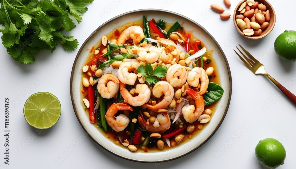 Fresh Shrimp Salad with Peanuts, Vegetables and Lime on White Background Top View Fresh Shrimp Salad with Peanuts, Vegetables and Lime on White Background Top View