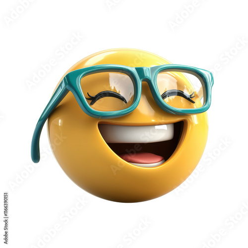 Joyful emoji with glasses celebrating innovation in digital art bright and cheerful environment close-up view isolated on transparent background