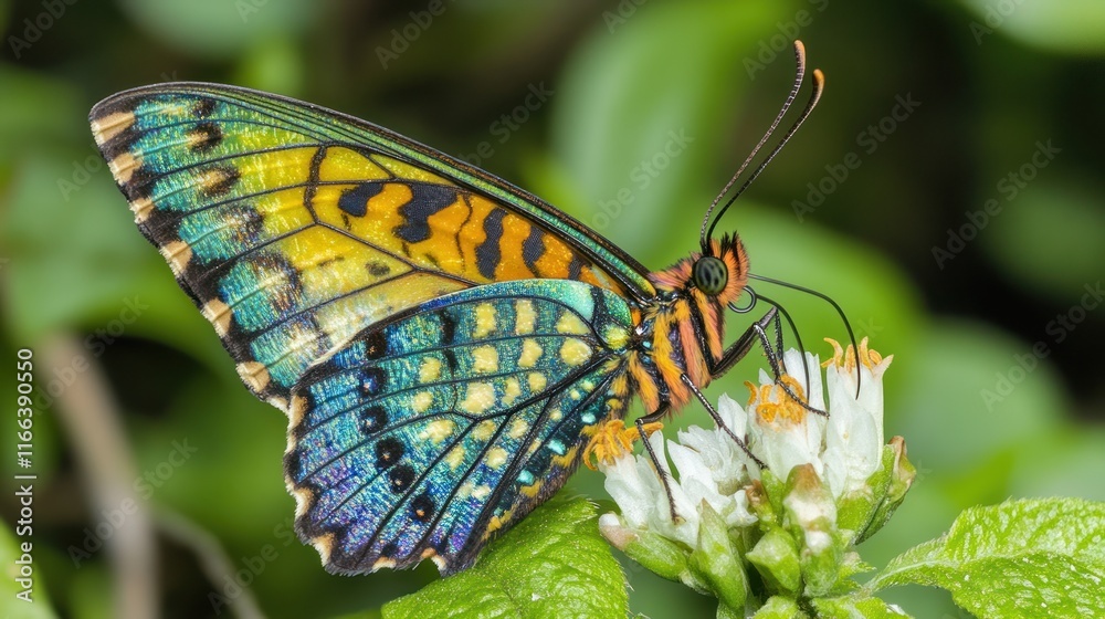 Fototapeta premium A vibrant butterfly perched on a flower, showcasing its colorful wings and nature's beauty.