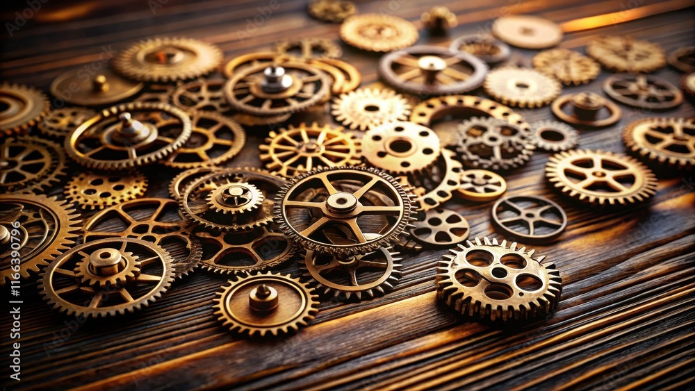 Intricate Golden Gears on Dark Wooden Surface A Mechanical Marvel Intricate Golden Gears on Dark Wooden Surface A Mechanical Marvel