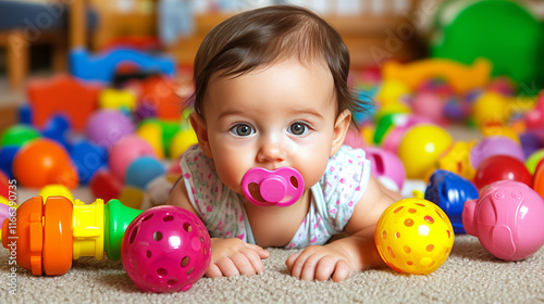 happy infant girl exploring colorful sensory and developmental toys on carpeted floor during indoor playtime
