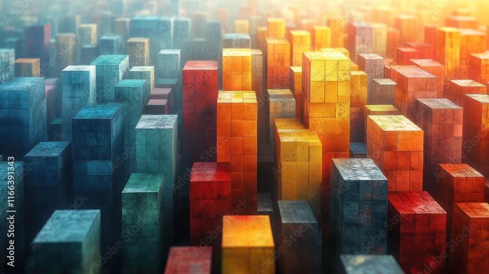 Obraz premium A vibrant cityscape of abstract colored blocks resembling a 3D urban environment.