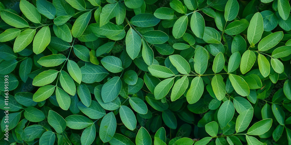 Fototapeta premium Top view of green leaves in the garden, flat lay composition, generative AI