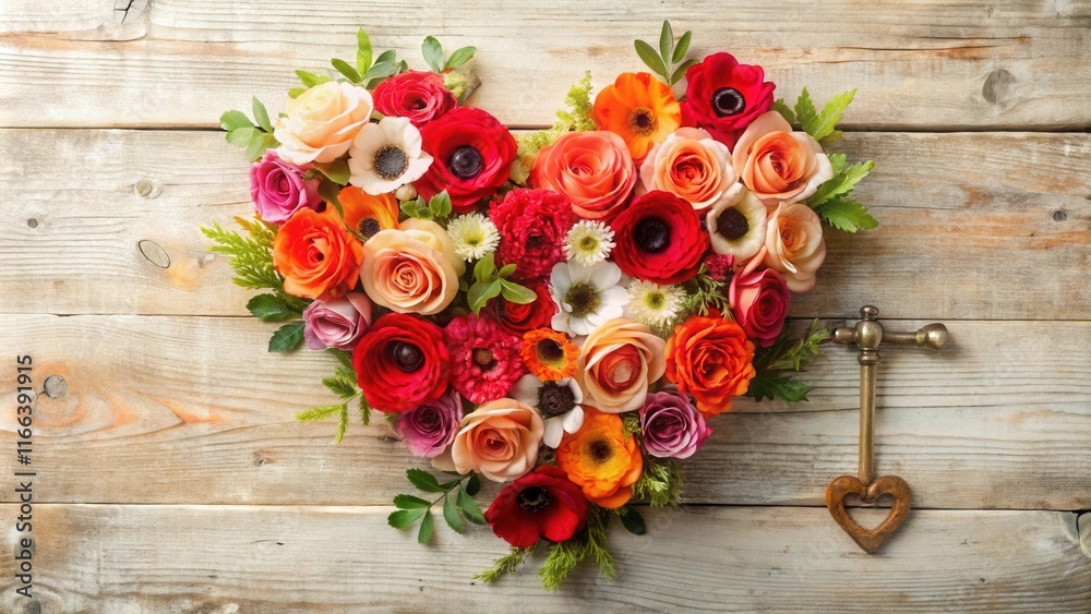 Heart-shaped floral arrangement of vibrant roses and anemones on rustic wooden background with antique heart-shaped key Heart-shaped floral arrangement of vibrant roses and anemones on rustic wooden background with antique heart-shaped key