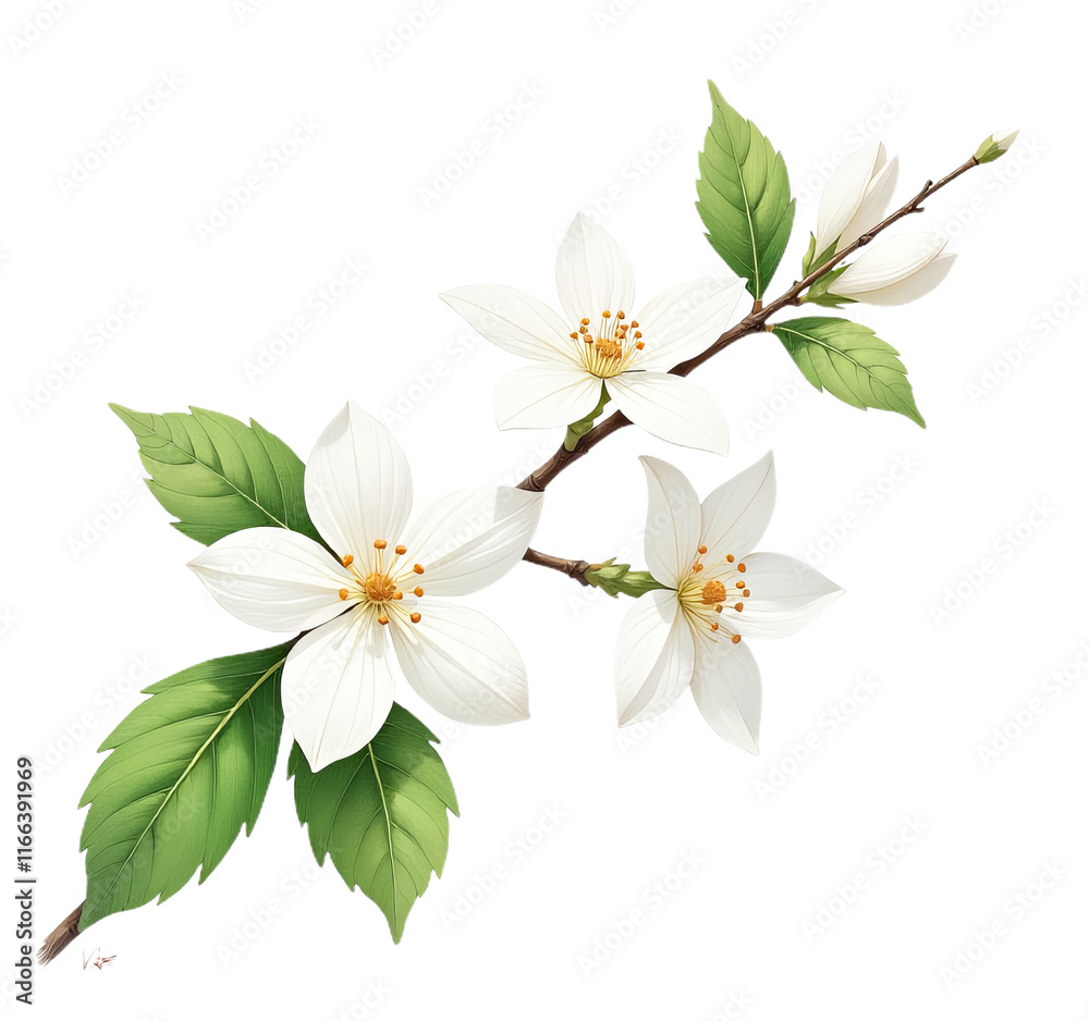 Obraz premium A branch with white jasmine flowers and green leaves , against a white background