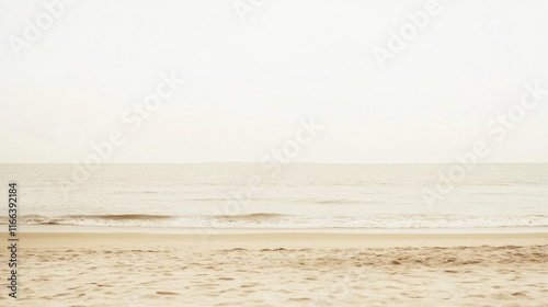 A serene beach scene with gentle waves under a pale sky.