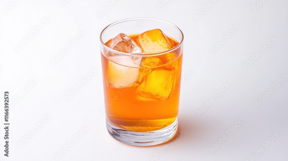 A glass of amber-colored drink with ice cubes. A glass of amber-colored drink with ice cubes.