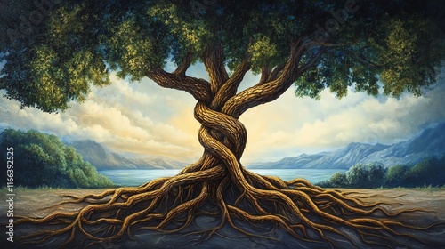 A majestic tree with intertwining roots and a serene landscape. photo