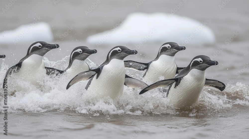 Fototapeta premium A group of penguins splashing through water, showcasing their playful nature.