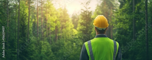 A construction worker in a safety vest and hard hat stands in a lush forest, looking towards the sunlight filtering through the trees.