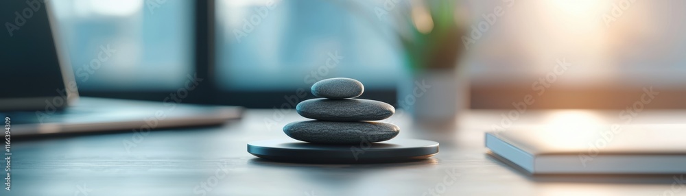 A serene stack of smooth stones on a desk, symbolizing balance and tranquility in a calming workspace. A serene stack of smooth stones on a desk, symbolizing balance and tranquility in a calming workspace.