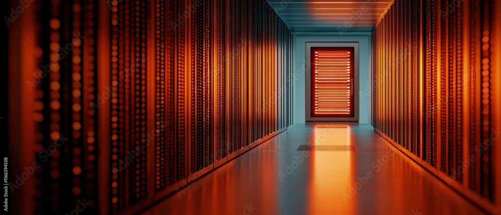 A dimly lit corridor lined with data storage units, leading to a glowing door, creating a high-tech, futuristic atmosphere. A dimly lit corridor lined with data storage units, leading to a glowing door, creating a high-tech, futuristic atmosphere.