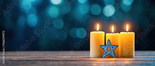 [Hanukkah candle lighting ceremony] Hanukkah Candlelit Menorah Celebration Night Bokeh Warm Ambiance Festive Holiday Scene photo