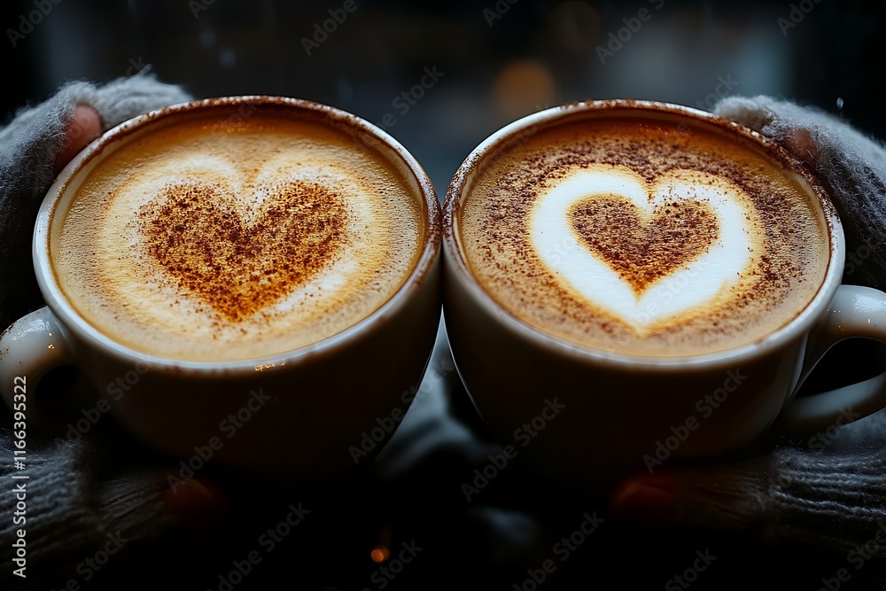 Two heart-shaped latte art cappuccinos. Two heart-shaped latte art cappuccinos.