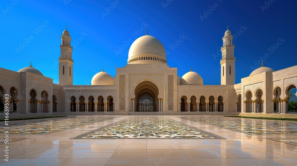 Obraz premium [Repetitive forms symmetry structures] Traditional Islamic Mosque Architecture Complex in Blue Sky