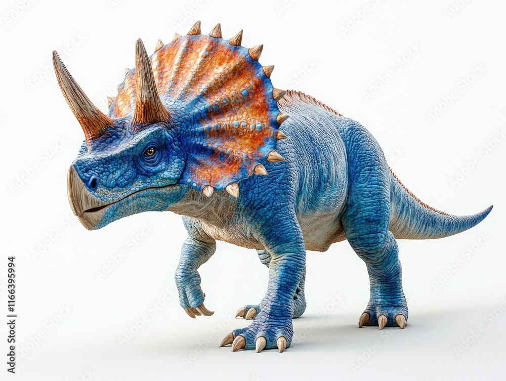 Fototapeta premium A detailed rendering of a blue and orange triceratops dinosaur in a dynamic pose.
