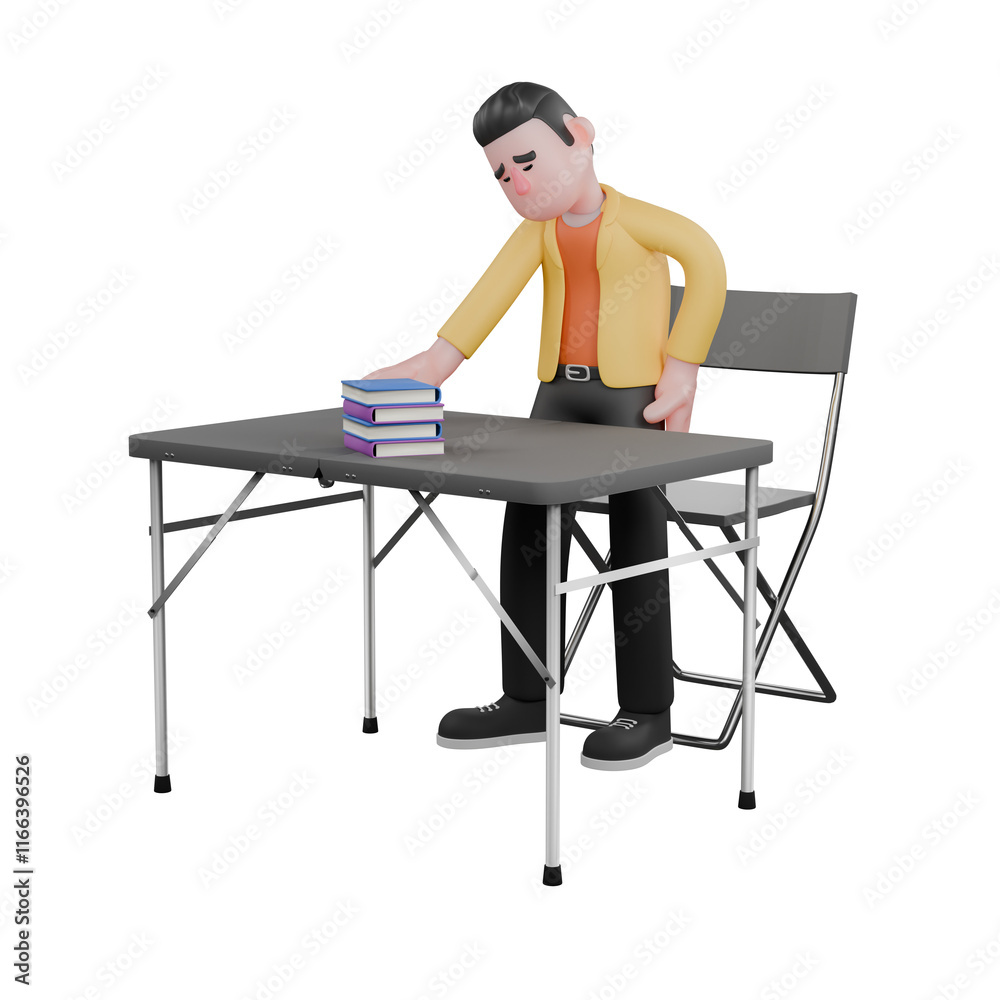 Fototapeta premium Full Designer Workflow Characters 3D Model. A male designer set stands with his body slightly bent and his right hand wants to take a book in front of him, expression sad. Cartoon Style