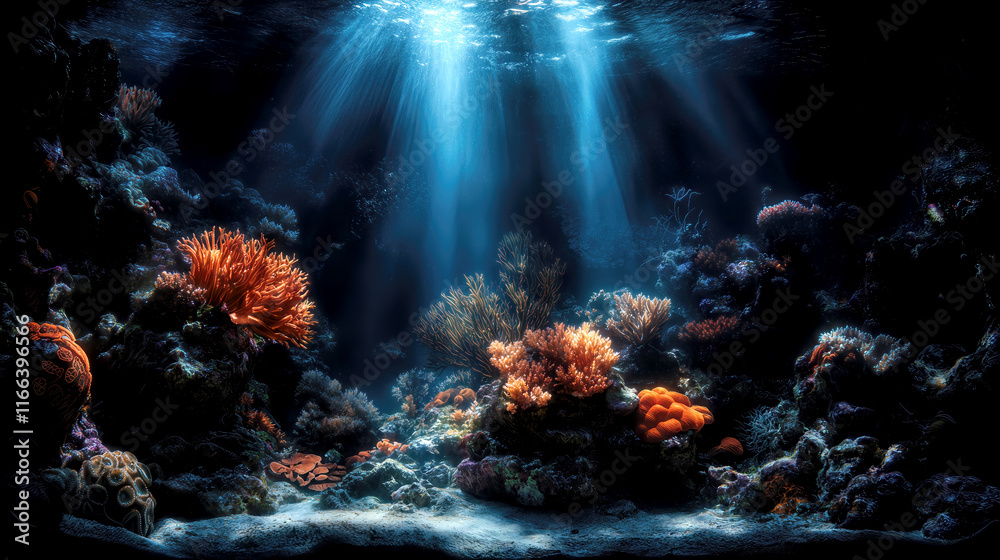 Obraz premium A stunning coral reef thrives under the ocean, showcasing colorful corals and marine life. Sunlight penetrates the water, creating dynamic patterns of light and shadow.