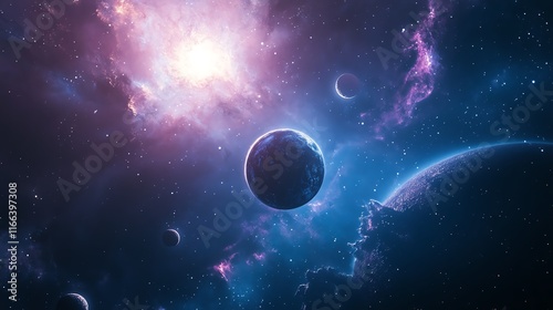 A stunning cosmic scene featuring planets and nebulae in space.