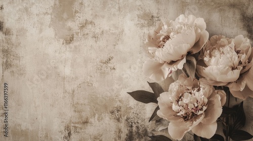 Artwork featuring sepia peony flowers on a textured concrete wall ideal for photo wallpaper murals and modern loft style decor