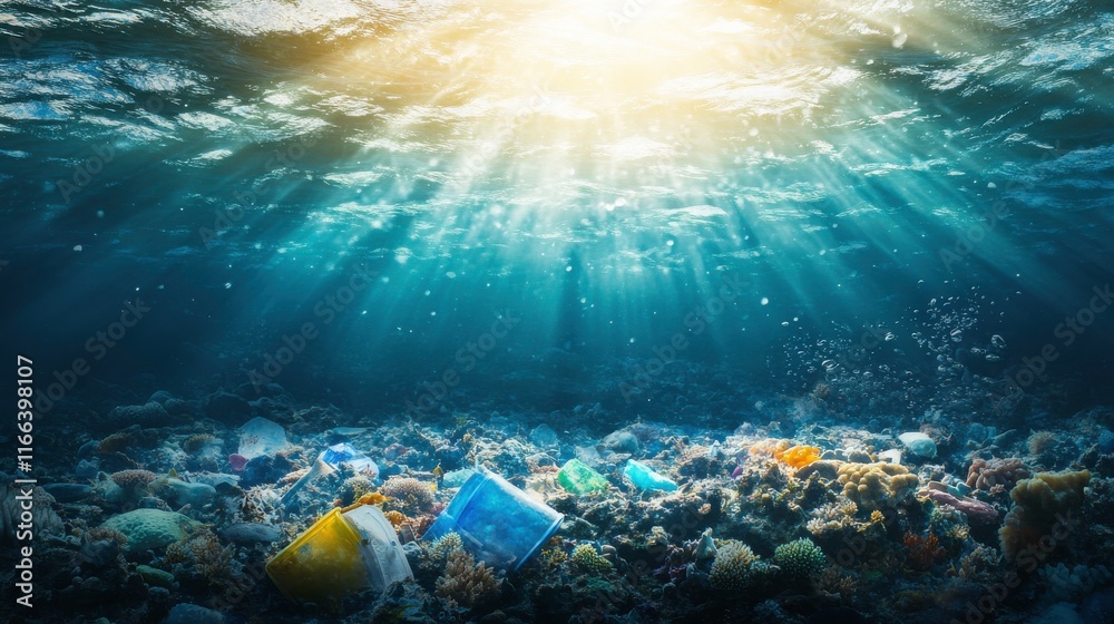 Fototapeta premium Pollution in Coral Reefs Captured in Gloomy Lighting