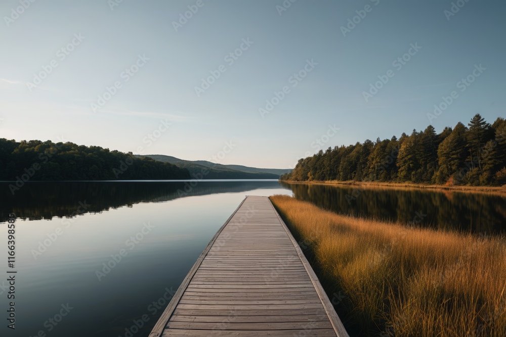 Naklejka premium arafed wooden dock over a lake with tall grass and trees