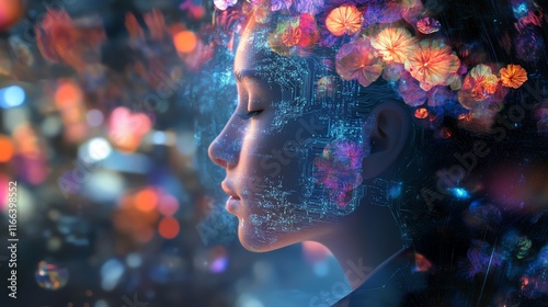 A surreal portrait showcasing a woman's inner thoughts and dreams.