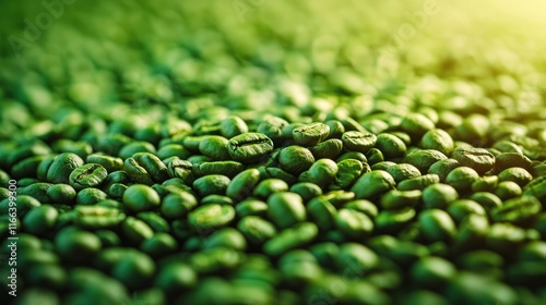 Close-up of unroasted green coffee beans. photo