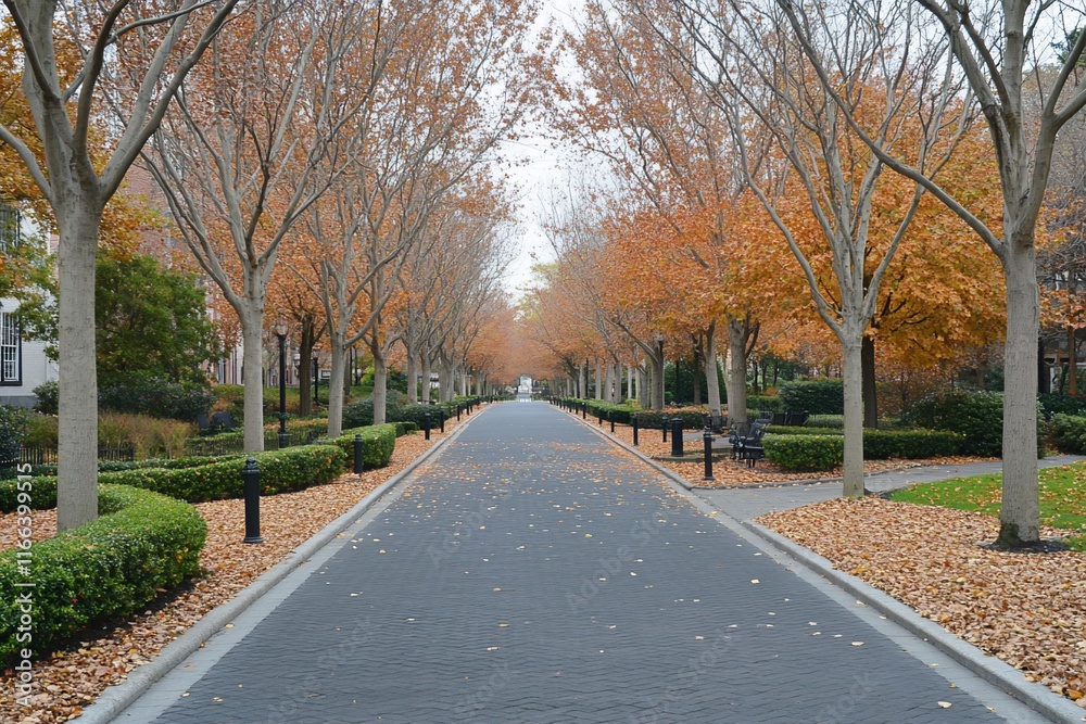 Fototapeta premium Autumnal tree-lined path, residential area