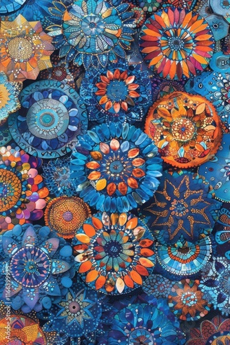 A vibrant collage of intricate floral patterns in blue and orange hues.