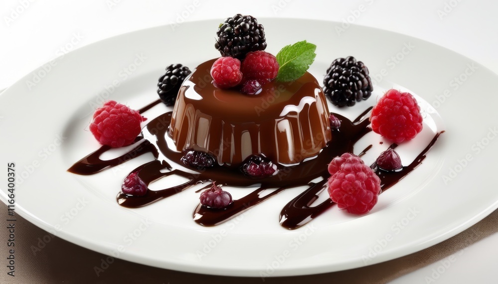 Decadent Chocolate Moelleux with Berries and Mint on Elegant White Plate Decadent Chocolate Moelleux with Berries and Mint on Elegant White Plate