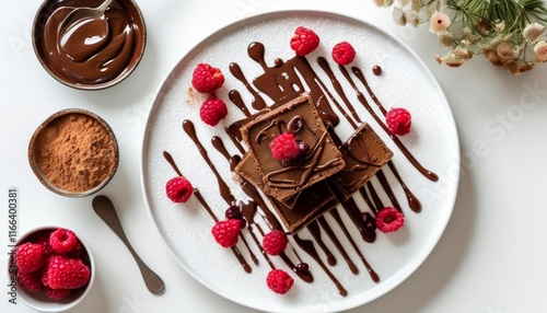 Decadent Chocolate Moelleux Dessert with Fresh Raspberries and Cocoa Powder