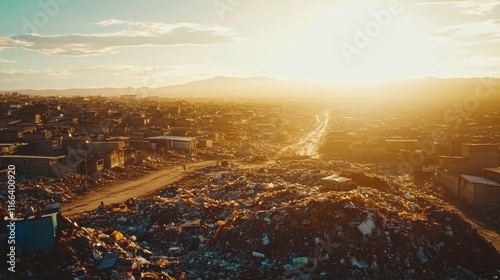 Urban Aerial View of Waste Overload at Midday Sunlight