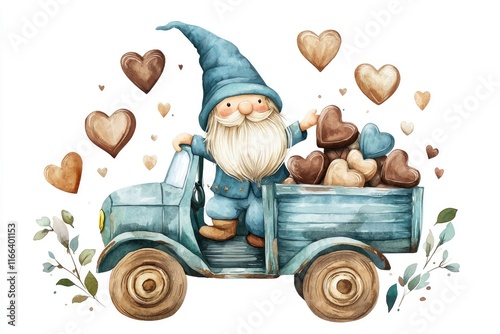 Cute Gnome in Truck Delivering Chocolate Hearts Valentine s Day Card photo