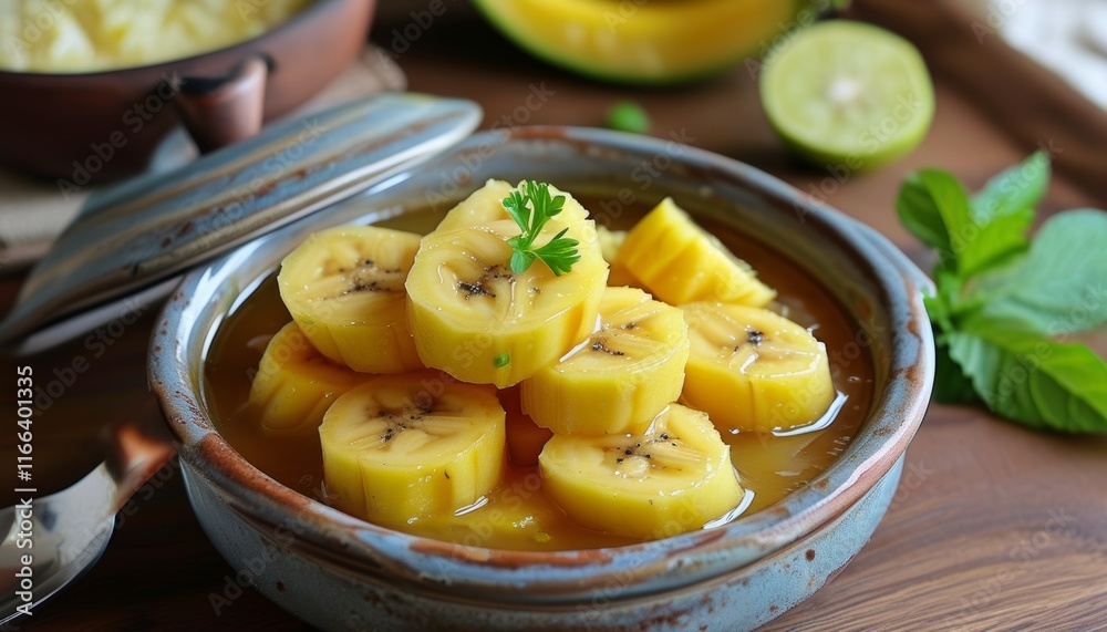 Delicious Moqueca with Sliced Bananas on Rustic Wooden Table Delicious Moqueca with Sliced Bananas on Rustic Wooden Table