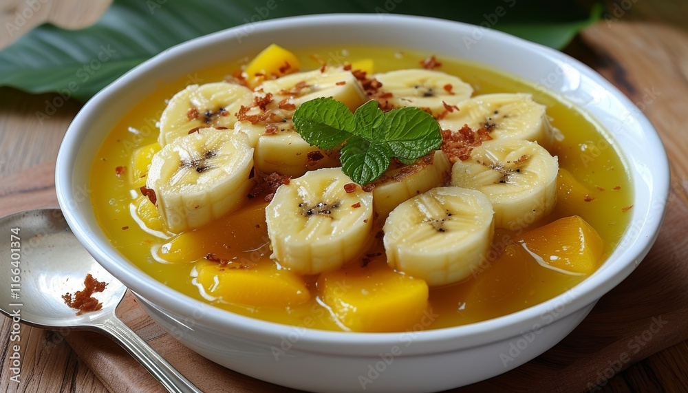 Fresh Banana Slices with Tropical Fruit and Sweet Coconut Sauce in a Bowl Fresh Banana Slices with Tropical Fruit and Sweet Coconut Sauce in a Bowl