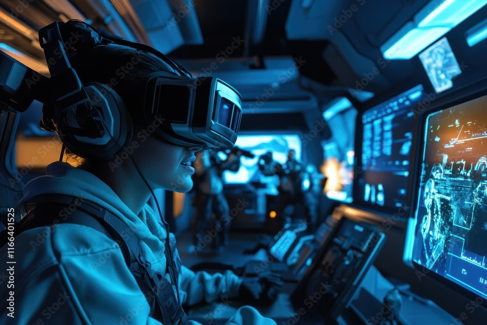 Futuristic Gamer Wearing VR Headset in High-Tech Control Room Setting Futuristic Gamer Wearing VR Headset in High-Tech Control Room Setting
